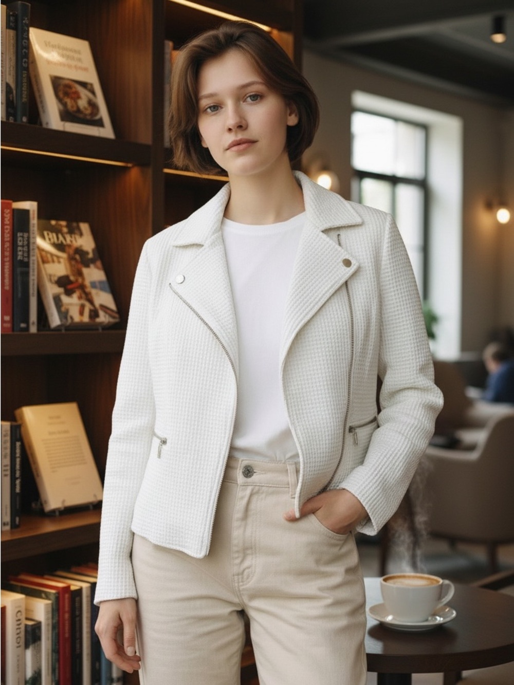 Chico's White Textured Blazer with Asymmetrical Design
